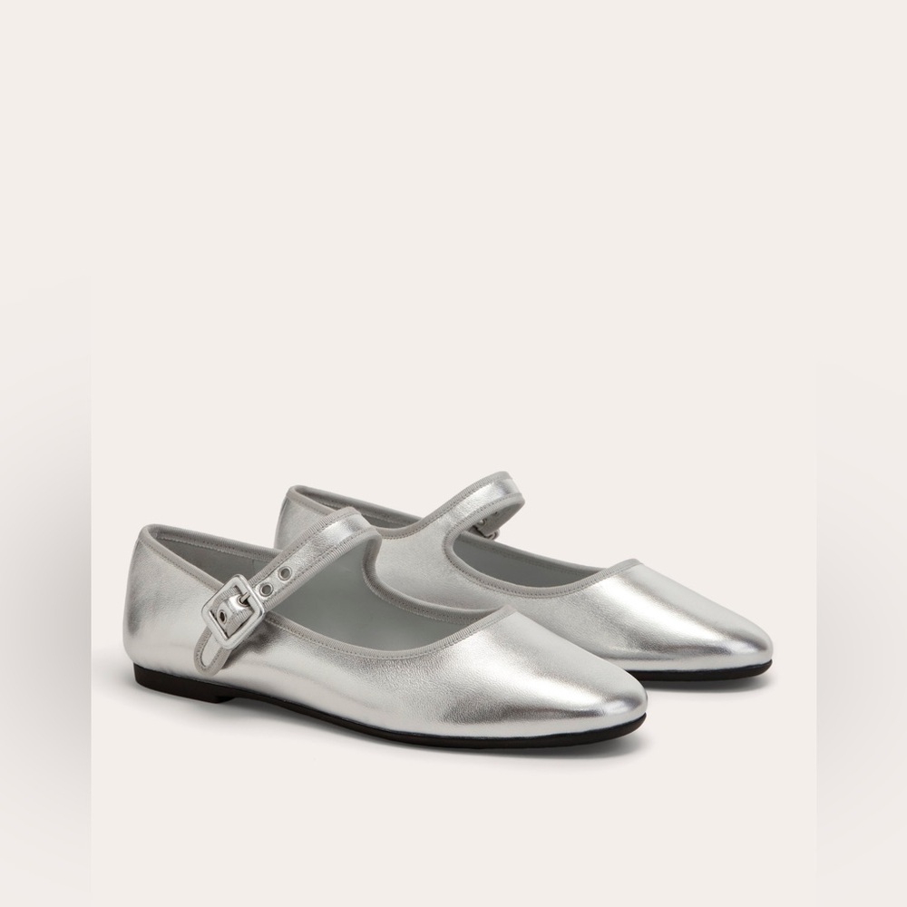 Everlane Metallic Silver Mary Jane Flats with Buckle Strap